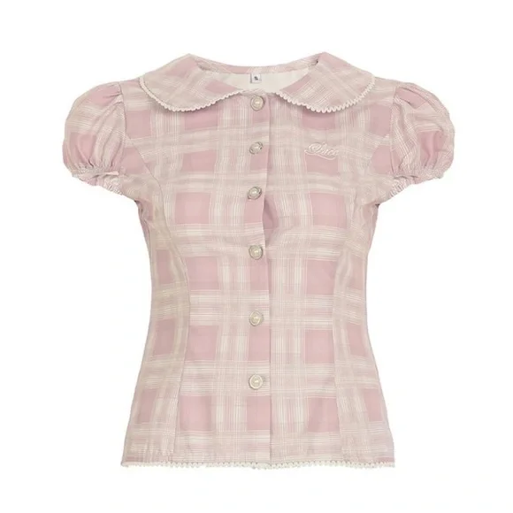 Women’s Pink Plaid Button-Front Top - Picture 6 of 6
